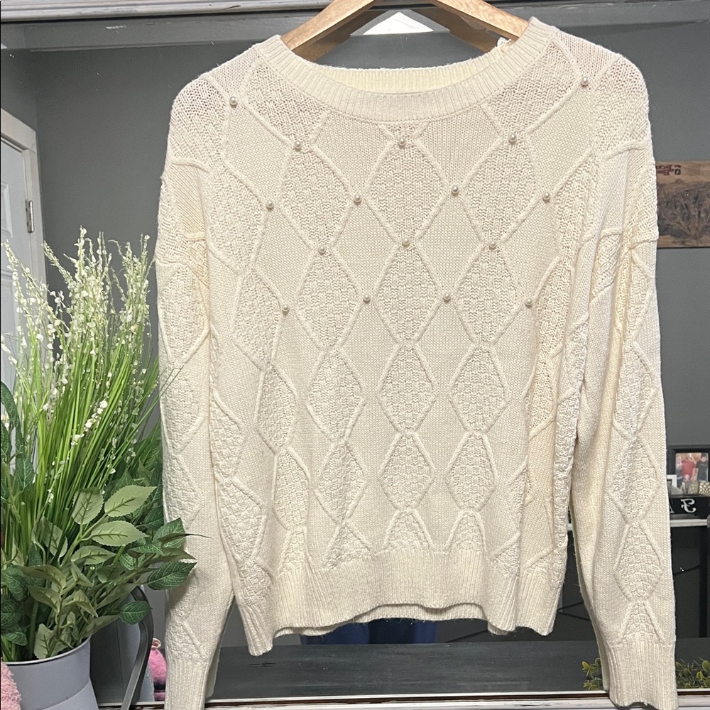 Pearl detailed Cream Knit Sweater